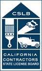 A blue and white logo for california construction